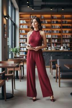 Wine Red Lace Backless Halter Jumpsuit